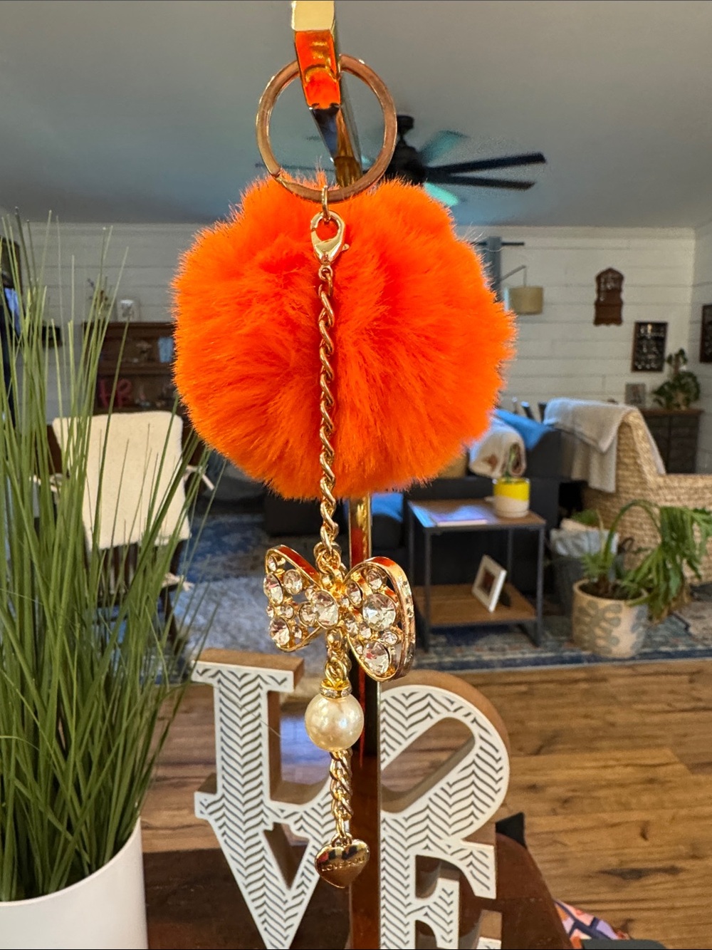 Orange Faux Fur Pom Pom Keychain with Gold Crystal Bow Charm